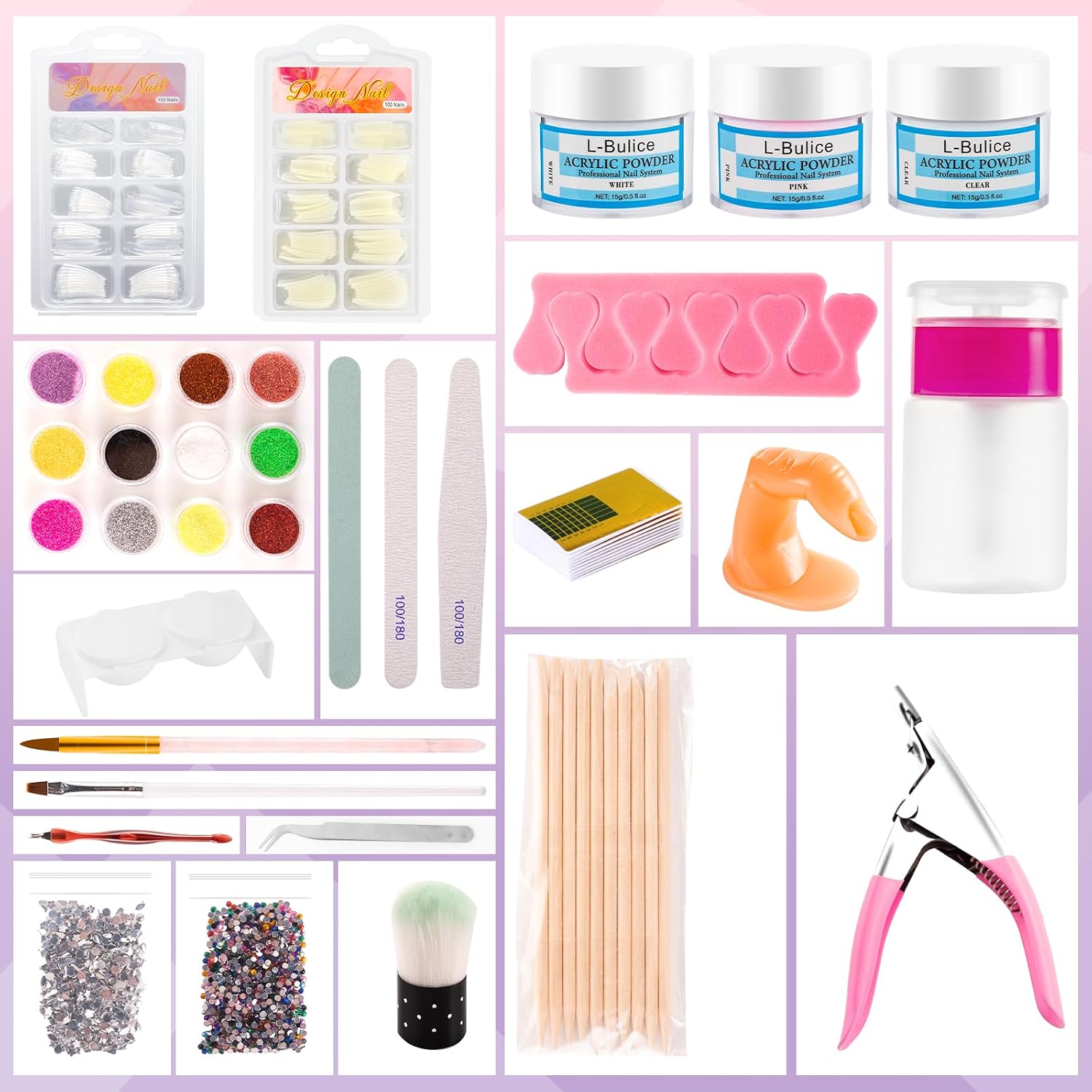 L-Bulice beginner acrylic nail kit with powders, glitter, rhinestones and tools - 3