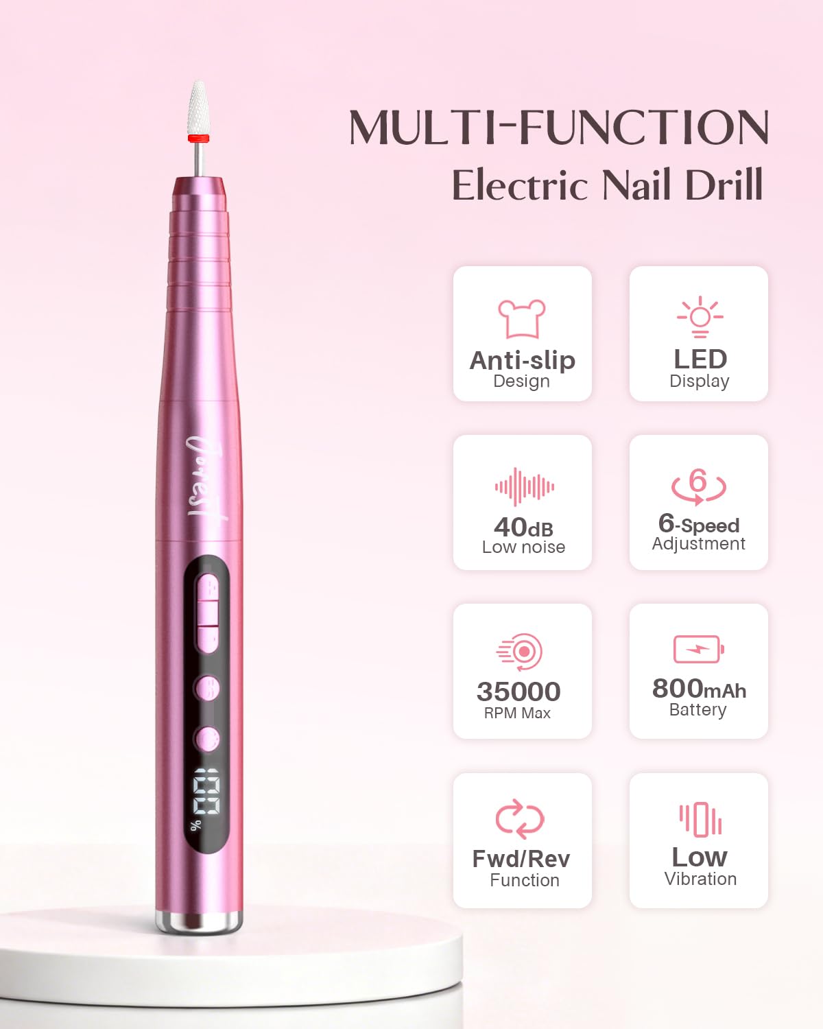 rose pink cordless electric nail drill with LED display - 2