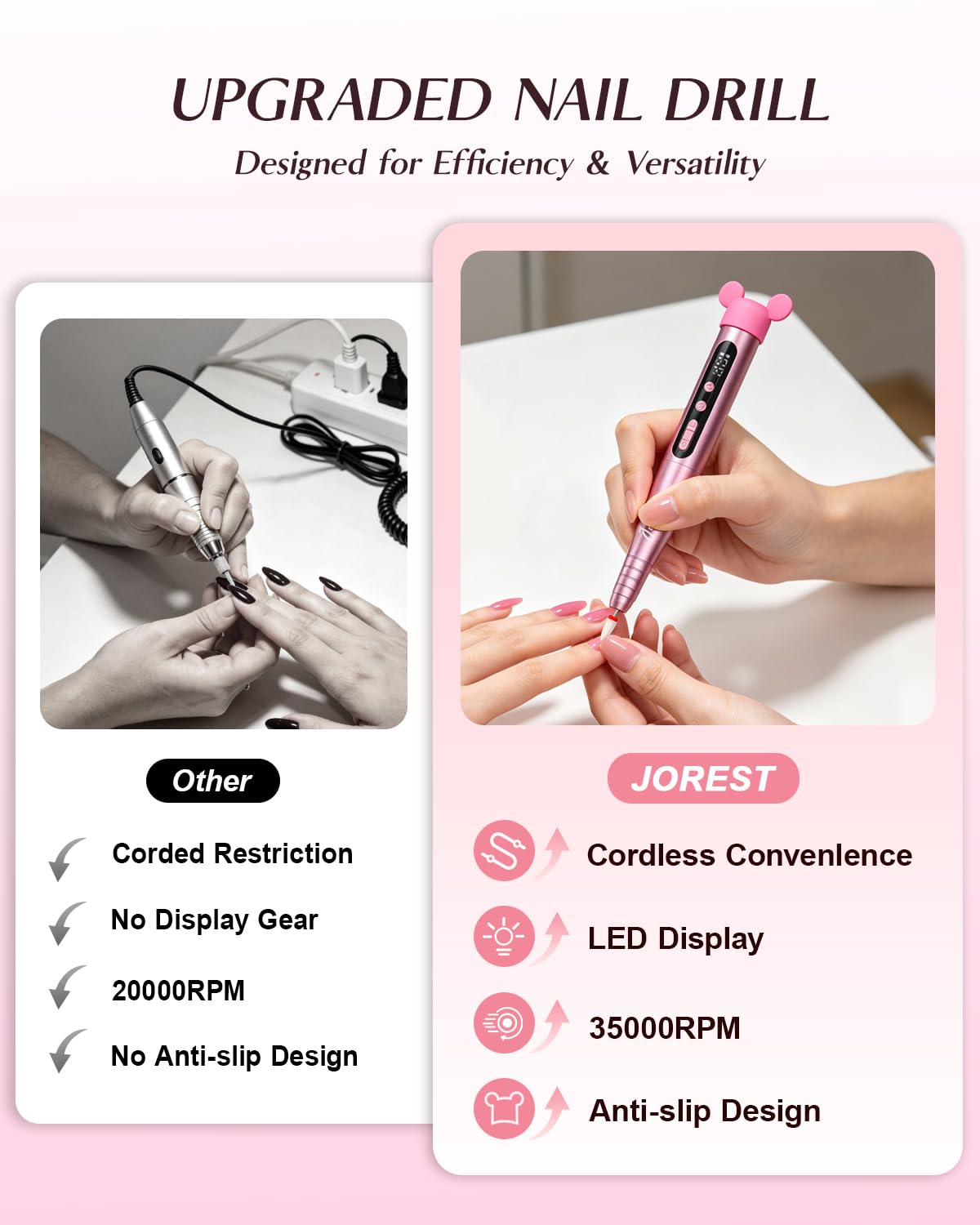 rose pink cordless electric nail drill with LED display - 3
