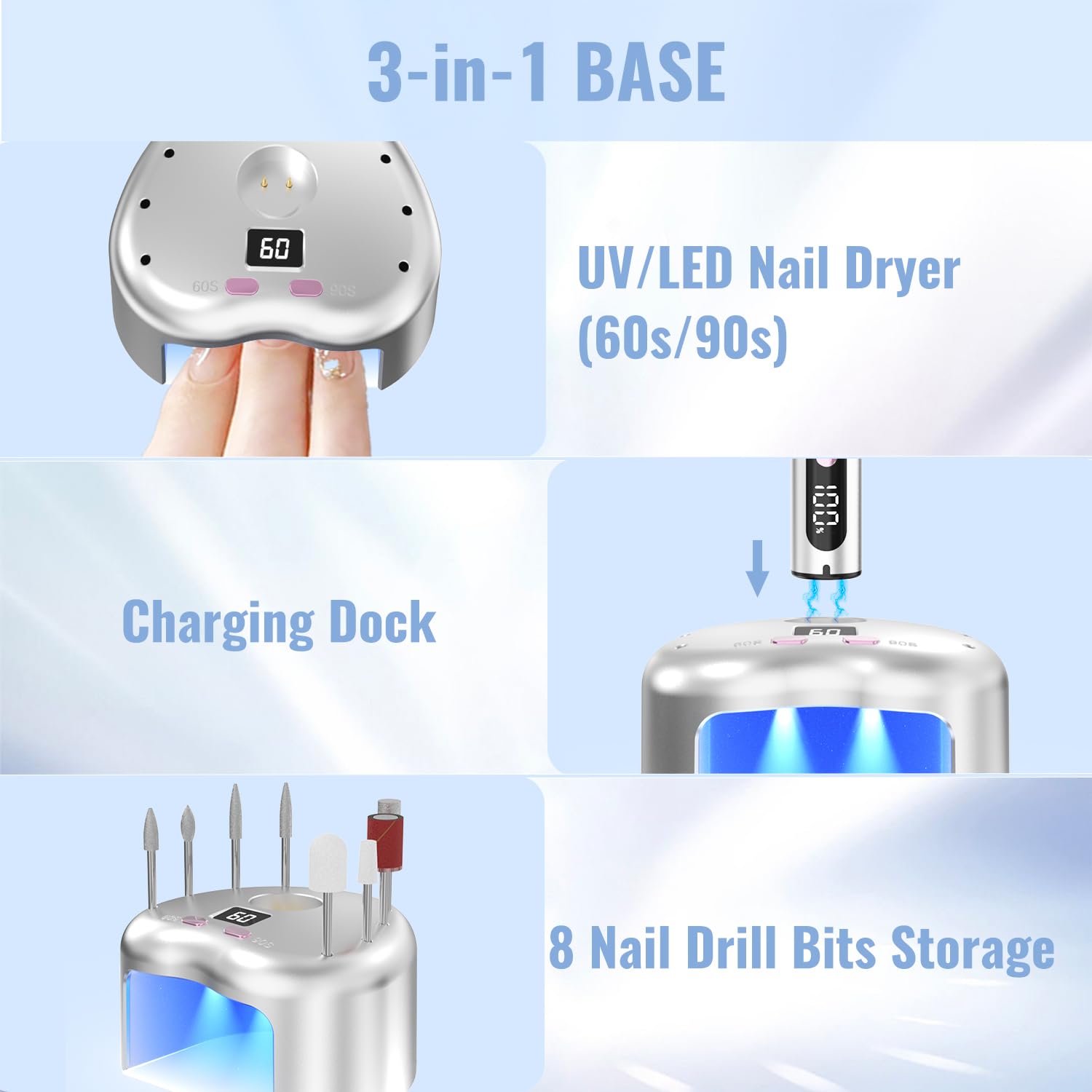 Denabuty cordless electric nail drill with 3-in-1 charging base and UV LED lamp - 4