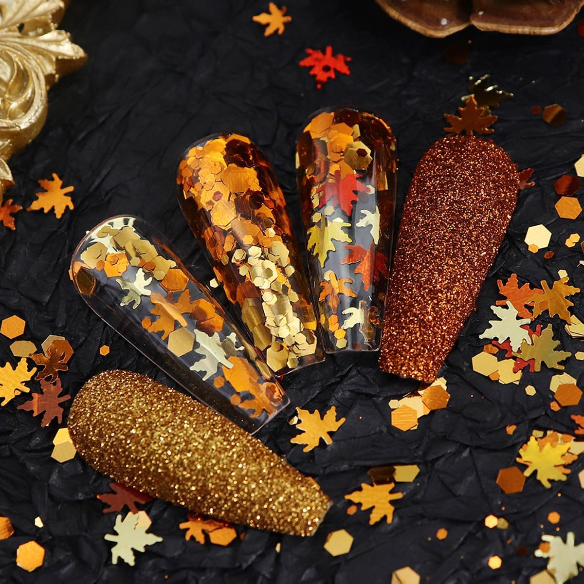 Gold maple leaf and holographic nail sequins in small storage boxes - 3