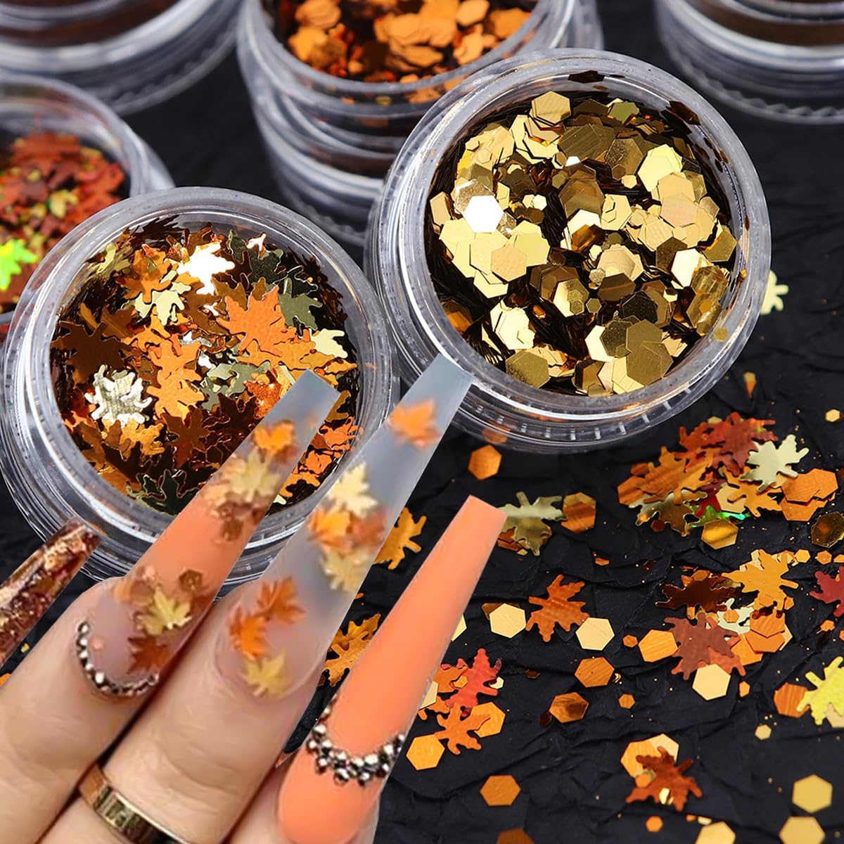 Gold maple leaf and holographic nail sequins in small storage boxes - 4