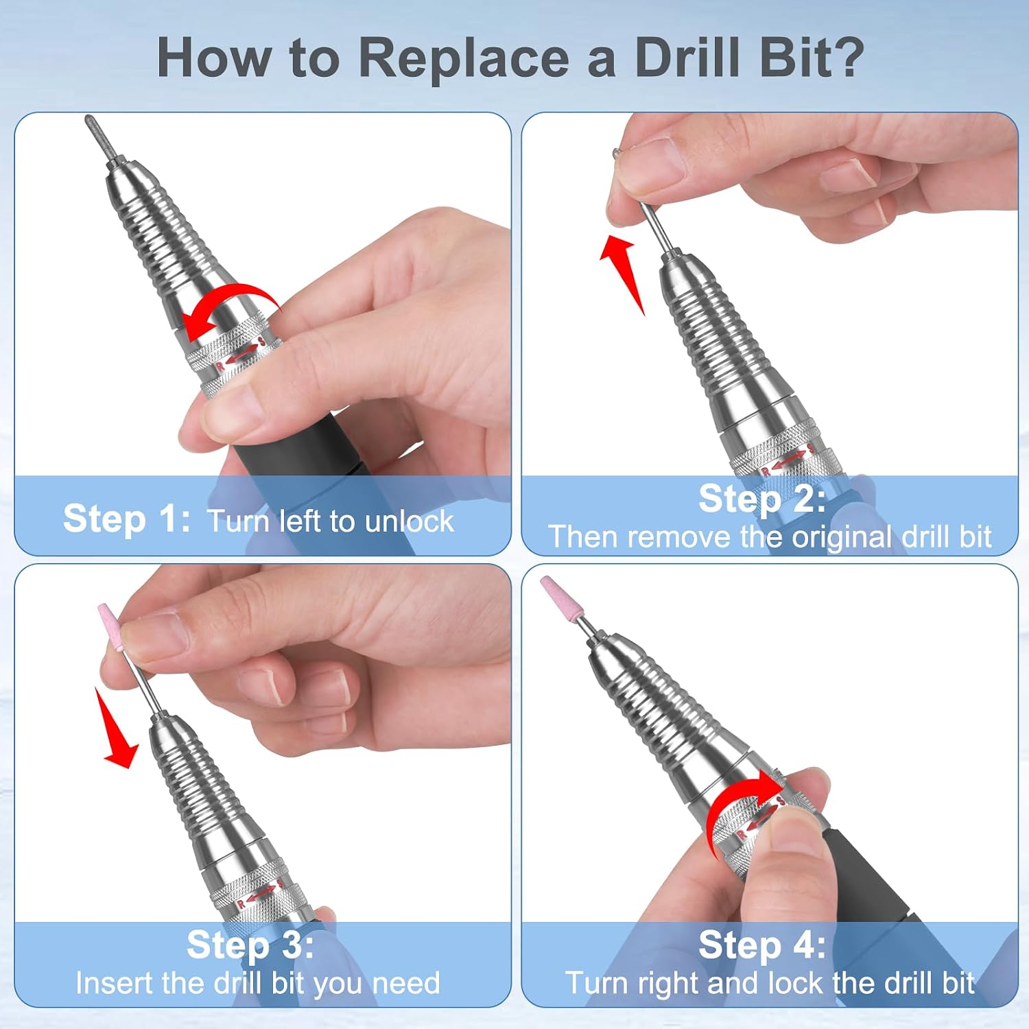 HoMove UP200 replacement nail drill handpiece, stainless steel body and twist-lock chuck - 4