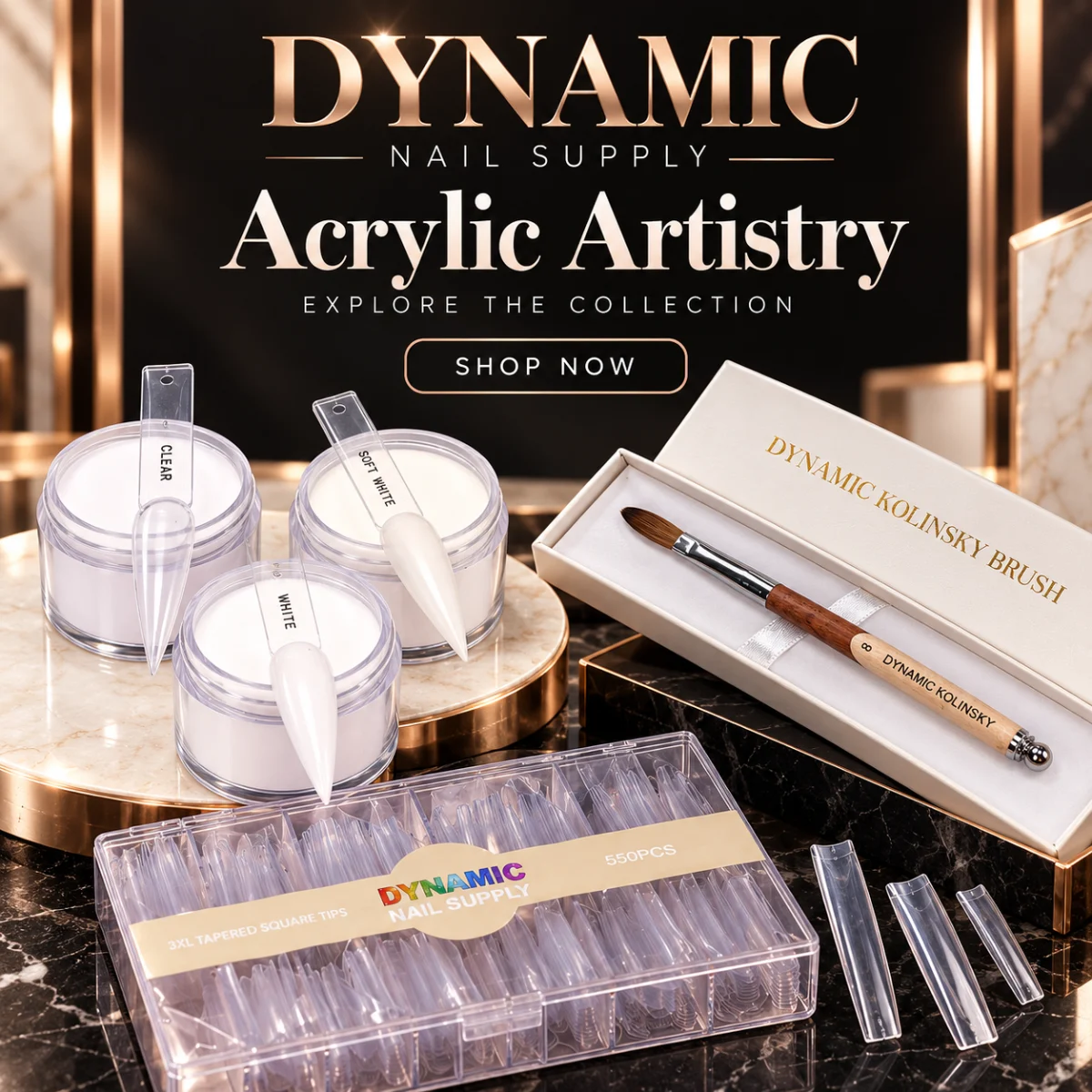 Acrylic Artistry Acrylic Artistry – clear, white and soft white acrylic powders with kolinsky brush and tapered square tips