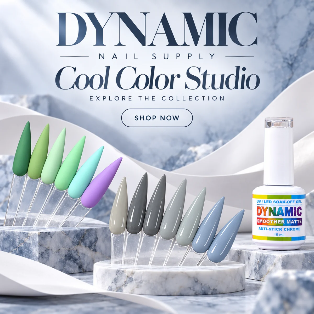 Cool Color Studio Cool Color Studio – green, grey and blue gel polish swatches with Smoother Matte top coat