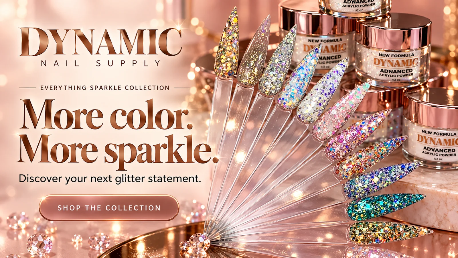 Everything Sparkle collection Everything Sparkle collection – glitter acrylic powder swatches and jars